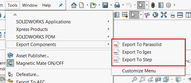 Commands displayed in the SOLIDWORKS menu