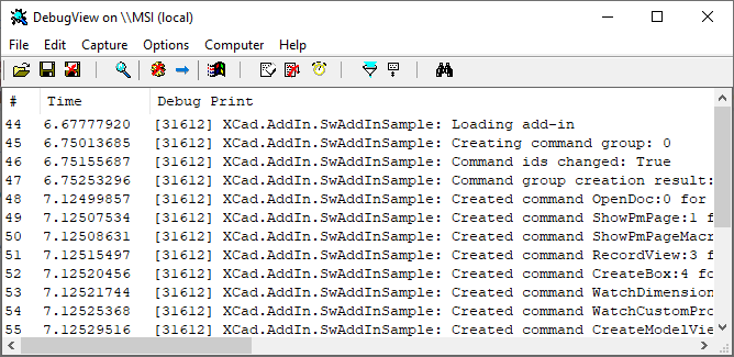 Trace messages in the debug view